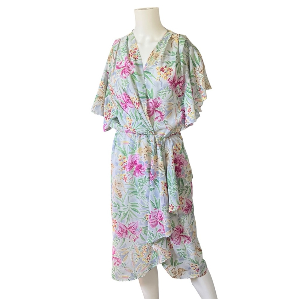 Vintage Charlee Allison Dress Flutter Sleeve V Neck Sheer Floral Size 13/14